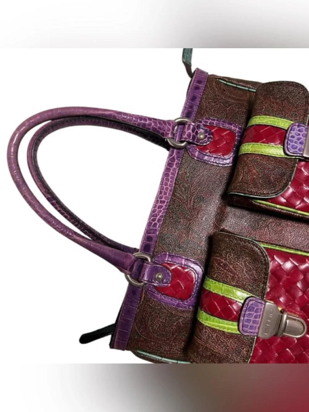 ETRO MILANO Vintage Brown Satchel with Purple Handles and Red Front Pockets